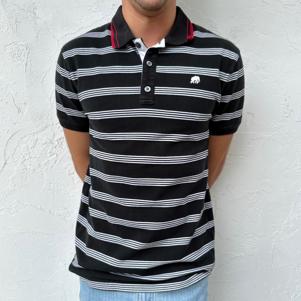 Men's Black & White Striped Banana Republic Short Sleeve Polo Shirt Size Large